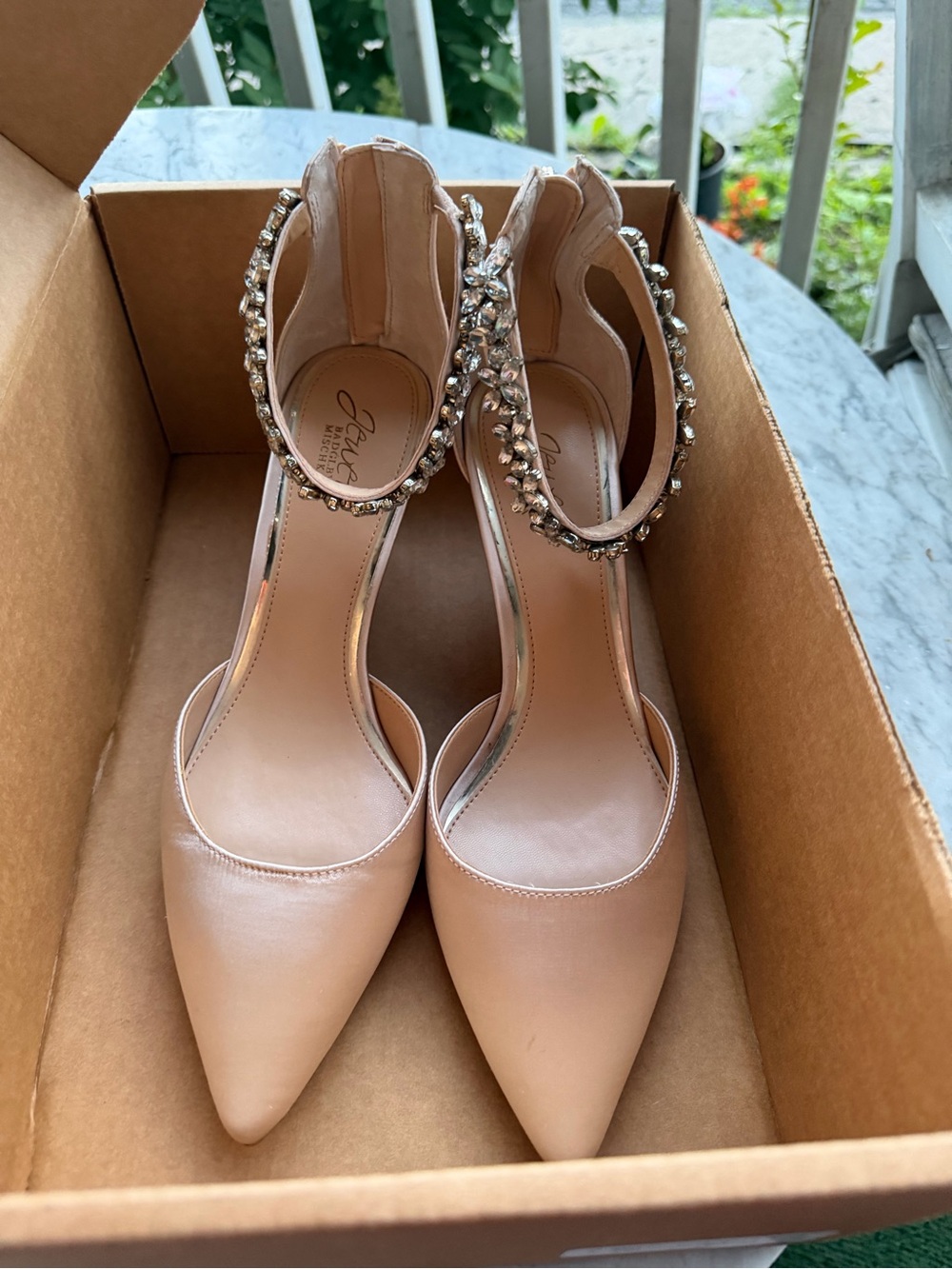 Jewel Badgley Mischka Blush Jeweled Ankle-Strap Pointed Pumps